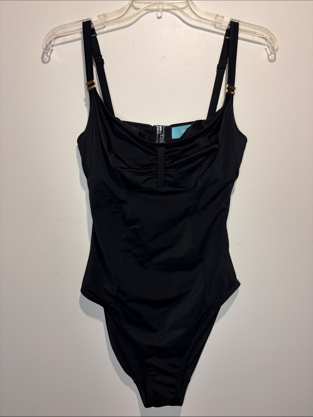 Panache One Piece Swimsuit Black Back Clasp Ruching Beach Size Small 32 G